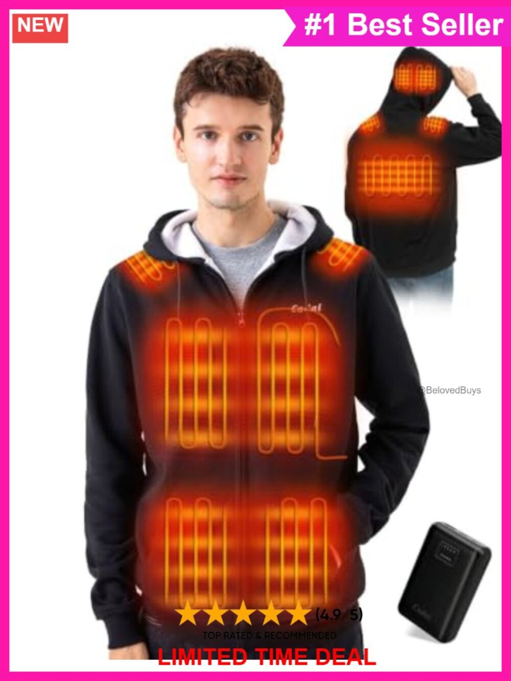9-Zone Heated Hoodie Sweatshirt Cotton Polyester Fleece Lined Winter